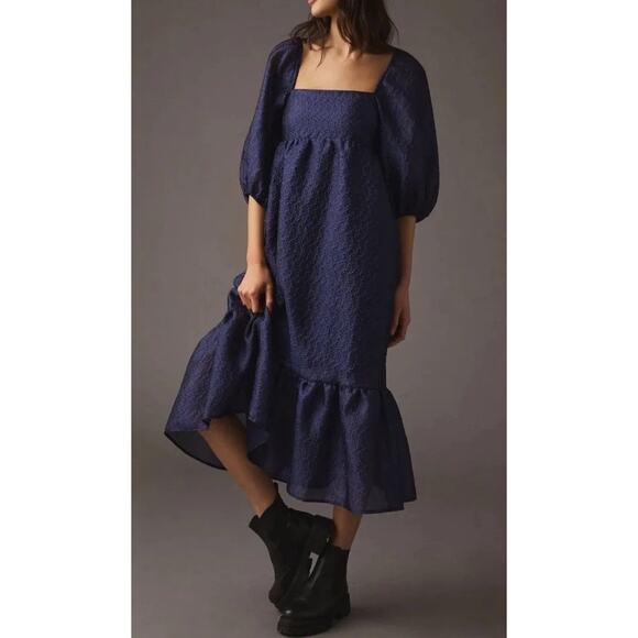Anthropologie Textured Puff-Sleeve Dress Navy Blue M - Picture 2 of 3